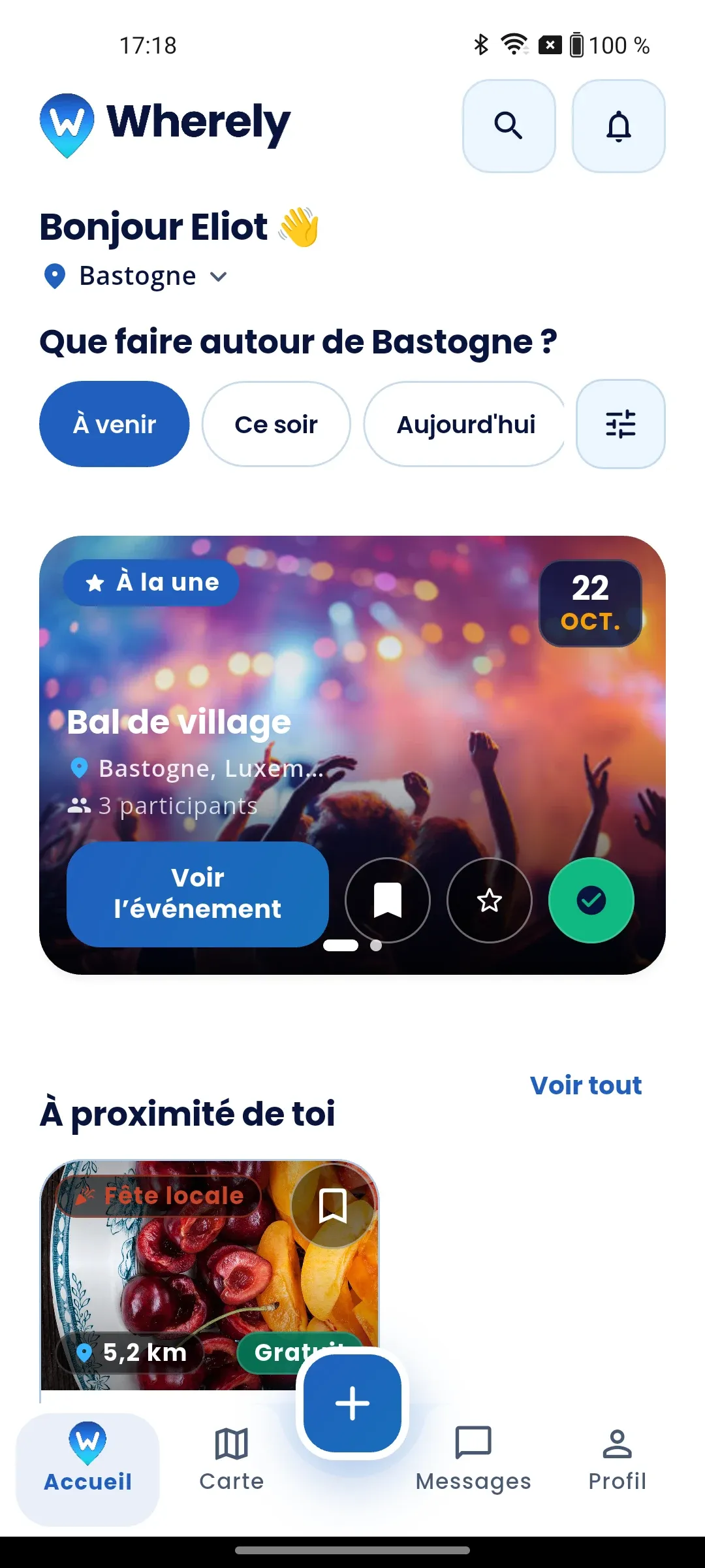 L’accueil de Wherely : le « Bal de village » à la une, les raccourcis de période et les sorties à proximité.