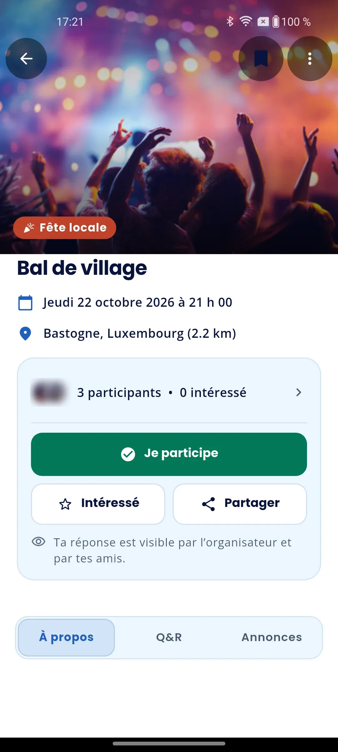 La fiche du « Bal de village » : photo, date, lieu, nombre de participants, et boutons pour participer ou partager.