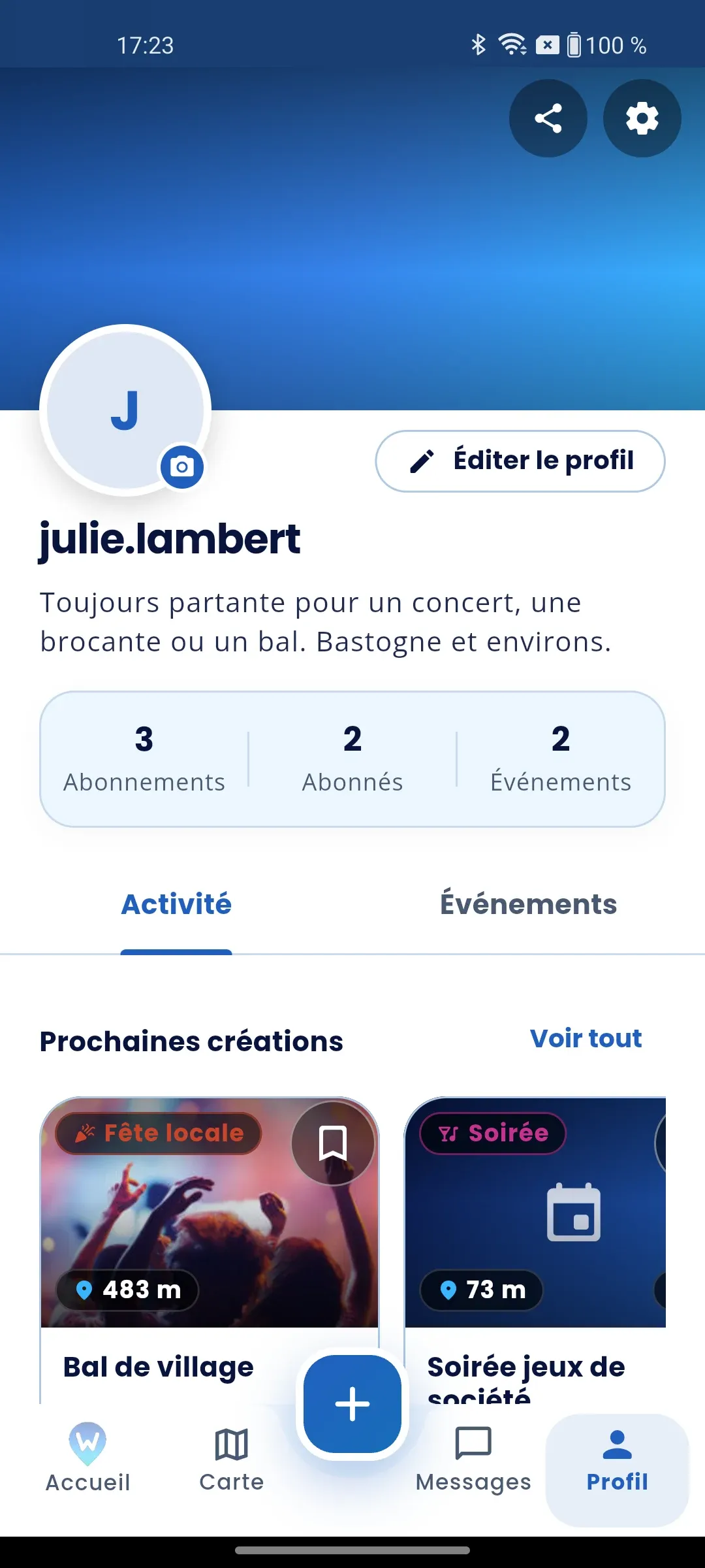 Un profil Wherely : présentation, abonnements, abonnés et prochains événements créés.